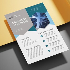 Puede incluir: Una declaraci&oacute;n de capacidad comercial sobre un fondo blanco con acentos grises y turquesas. El documento incluye el nombre de la empresa, el t&iacute;tulo "CAPABILITY STATEMENT" y secciones para el c&oacute;digo NAICS, las competencias b&aacute;sicas y la descripci&oacute;n general de la empresa. El documento est&aacute; en &aacute;ngulo sobre una superficie amarilla y gris.