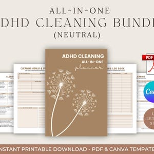 ADHD Cleaning Planner — All-in-One Neutral Cleaning and Decluttering Bundle (Printable and Editable in Canva)