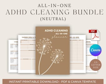 ADHD Cleaning Planner — All-in-One Neutral Cleaning and Decluttering Bundle (Printable and Editable in Canva)