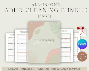 ADHD Cleaning Planner | Room-by-Room Checklists, Daily–Annual Schedules, Decluttering Guide & Chore Chart | Canva Editable Template