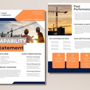 Op de afbeelding: Een tweepaginasjabloon voor een capability statement van een bouwbedrijf met oranje en donkerblauwe accenten. Het document bevat secties voor bedrijfsoverzicht, kerncompetenties, eerdere prestaties en contactgegevens met bouwbeelden.