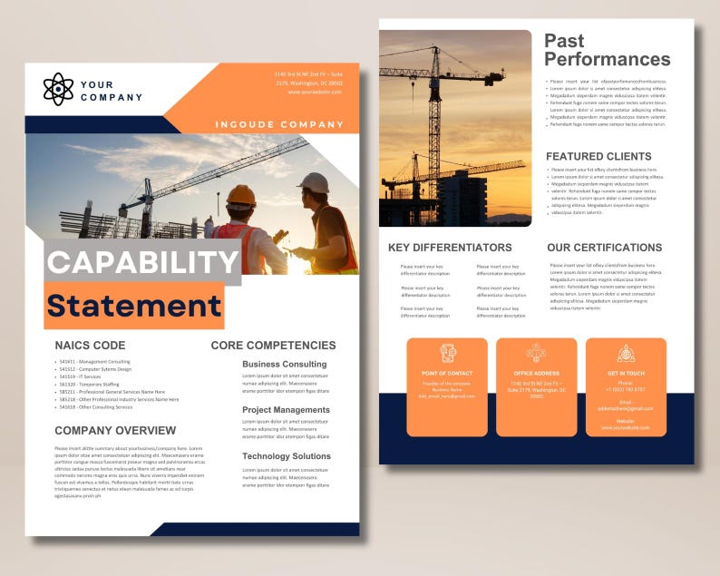 Op de afbeelding: Een tweepaginasjabloon voor een capability statement van een bouwbedrijf met oranje en donkerblauwe accenten. Het document bevat secties voor bedrijfsoverzicht, kerncompetenties, eerdere prestaties en contactgegevens met bouwbeelden.
