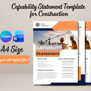 Puede incluir: Una plantilla digital de declaración de capacidades para la construcción en tamaño A4 con detalles en naranja y azul oscuro. El documento incluye secciones para resumen de empresa, códigos NAICS y competencias clave con trabajadores.