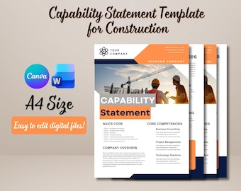 Construction Capability Statement Template, Contractor Company Profile, Canva Construction Flyer, Editable Marketing Brochure, Word Template