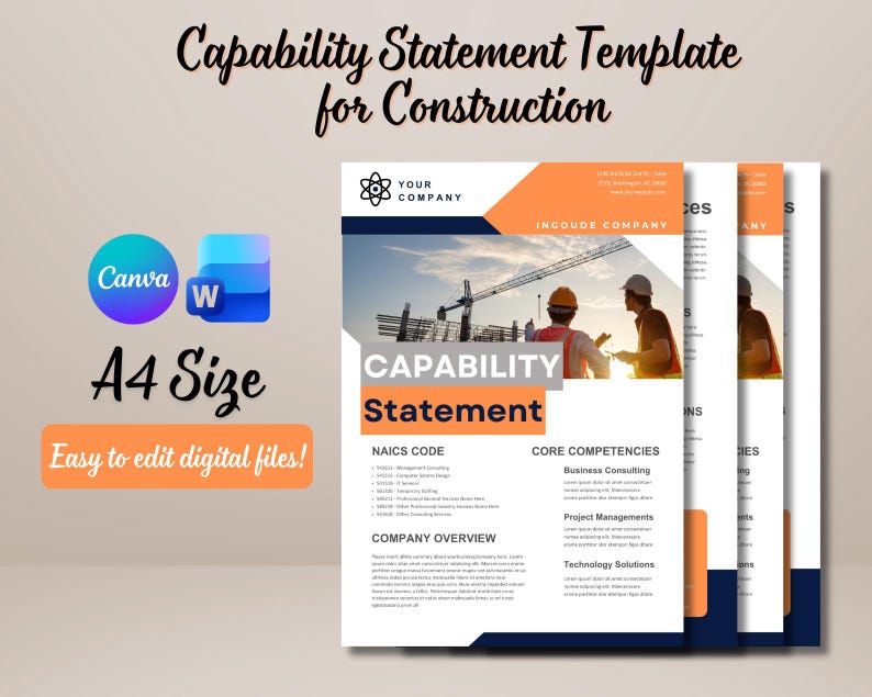 Op de afbeelding: Een digitaal A4-sjabloon voor een capability statement voor de bouw, met oranje en donkerblauwe accenten. Het document bevat secties voor bedrijfsoverzicht, NAICS-codes en kerncompetenties, inclusief een foto van bouwvakkers.