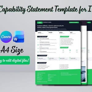 May include: A digital capability statement template for IT in A4 size, featuring a dark navy and bright green color scheme. The document includes sections for company name, core competencies, past performance, and services, with Canva and Word icons.