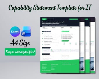 Government IT Capability Statement Template | Editable Canva & Word | Software Cloud Cybersecurity | Two Page Contractor Profile