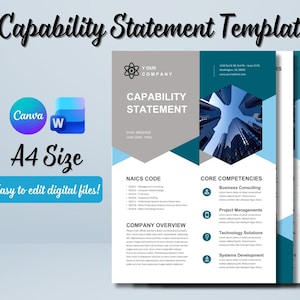 Peut inclure: Modèle numérique de déclaration de capacités, avec un design moderne aux accents turquoise et gris. Le document comprend des sections pour le code NAICS, les compétences de base et l'aperçu de l'entreprise. Les logos Canva et Word sont visibles, ainsi que le texte "A4 Size" et "Easy to edit digital files!"