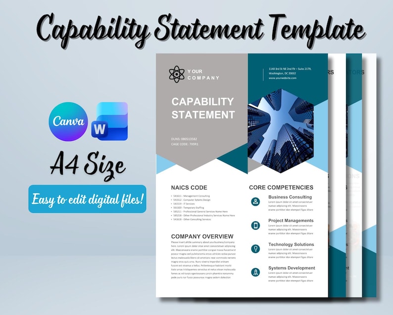 Puede incluir: Plantilla digital de Declaraci&oacute;n de Capacidades, con un dise&ntilde;o moderno con acentos turquesa y gris. El documento incluye secciones para el c&oacute;digo NAICS, competencias b&aacute;sicas y descripci&oacute;n general de la empresa. Los logotipos de Canva y Word son visibles, junto con el texto "A4 Size" y "Easy to edit digital files!"