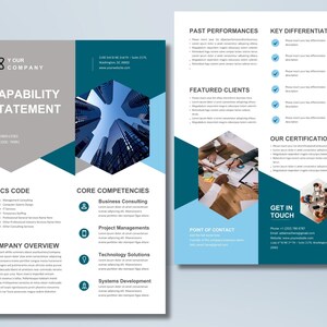 Puede incluir: Documento de dos p&aacute;ginas con un esquema de color gris y verde azulado. La p&aacute;gina izquierda presenta el texto &laquo; CAPABILITY STATEMENT &raquo; y &laquo; COMPANY OVERVIEW &raquo;. La p&aacute;gina derecha incluye secciones para &laquo; PAST PERFORMANCES &raquo; y &laquo; KEY DIFFERENTIATORS &raquo;.