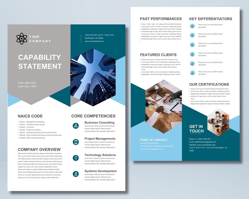 Puede incluir: Documento de dos p&aacute;ginas con un esquema de color gris y verde azulado. La p&aacute;gina izquierda presenta el texto &laquo; CAPABILITY STATEMENT &raquo; y &laquo; COMPANY OVERVIEW &raquo;. La p&aacute;gina derecha incluye secciones para &laquo; PAST PERFORMANCES &raquo; y &laquo; KEY DIFFERENTIATORS &raquo;.