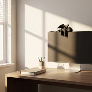 Pode incluir: Uma pequena estatueta de dragão preto com asas pousada na borda superior de um monitor de computador. O dragão tem uma superfície lisa e está posicionado como se estivesse descansando na moldura da tela, com asas detalhadas.