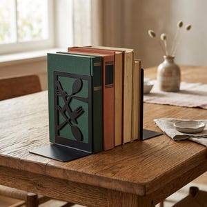 May include: A black metal bookend with a cut-out design of a fork, spoon, and knife holds several books on a wooden table. The books have green, orange, and tan covers. A vase with dried flowers sits in the background.