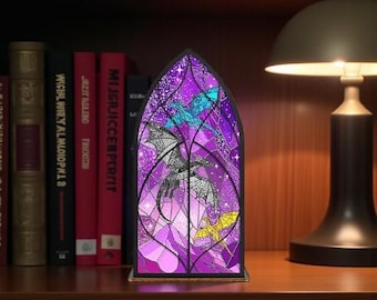 Dragon Library Book Nook Sign 3D Fantasy Bookshelf Decor Stained Glass Acrylic Dragon Display Magical Book Lovers (Candle not included)