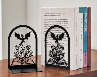 Metal Dragon Floral Bookends Non Slip Decorative Book Shelf Stoppers for Home Office