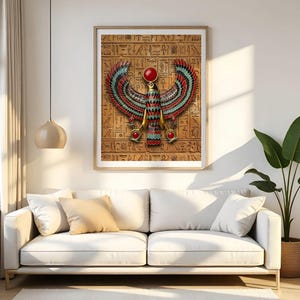 Art mural faucon égyptien | Amulette ailée Horus | Décoration de l'Egypte ancienne | Contexte hiéroglyphique | Téléchargement numérique