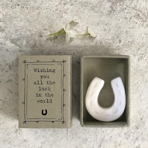 May include: A white horseshoe figurine inside a small gray box. The box is open next to a matching box with the text "Wishing you all the luck in the world" and a horseshoe symbol. A sprig of white flowers is in the background.