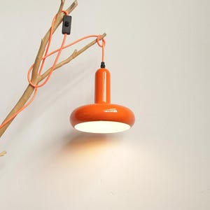 Könnte beinhalten: Eine orangefarbene Pendelleuchte mit rundem Schirm und zylindrischem Aufsatz hängt an einem Ast. Die Lampe ist mit einem pfirsichfarbenen Kabel mit einem schwarzen Schalter verbunden. Die Lampe strahlt ein warmes, einladendes Licht aus.
