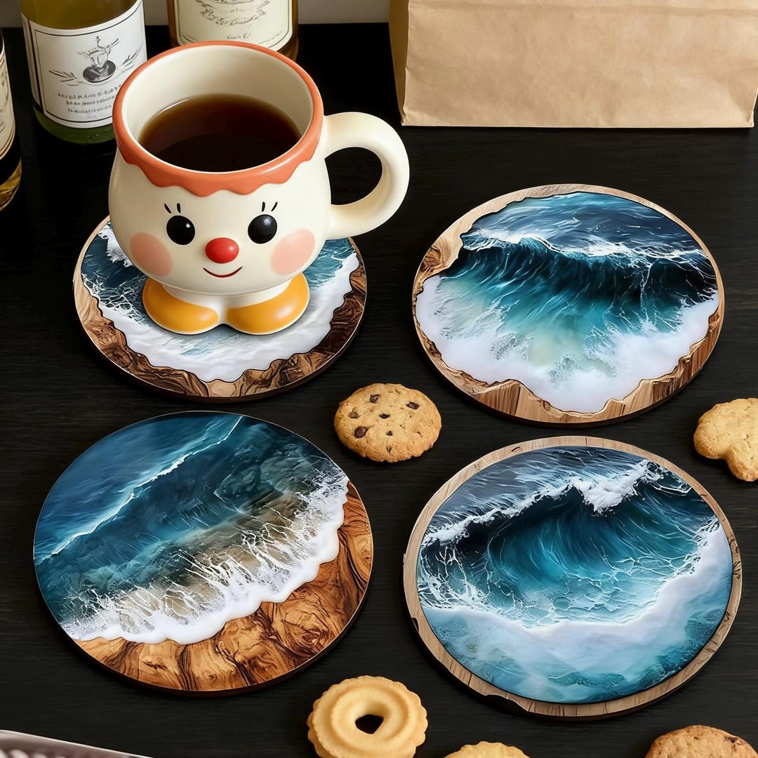 Blue Wave Round Coasters, Wooden Ocean Beech Coaster Set, 4 Pcs, Home ...