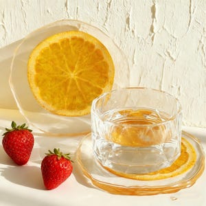 Puede incluir: Un cuenco de cristal transparente y un platillo a juego se asientan sobre otro platillo con una rodaja de naranja. Dos fresas rojas frescas con tallos verdes están en primer plano. El fondo es una superficie blanca texturizada.