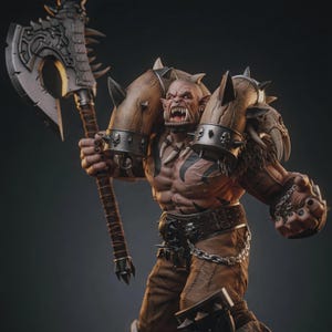 May include: A detailed orc figurine featuring a muscular build, sharp tusks, and a nose ring. The character wears spiked wooden shoulder armor, a dark belt with skull accents, and brown trousers. It holds a large, ornate battle axe with a silver blade.