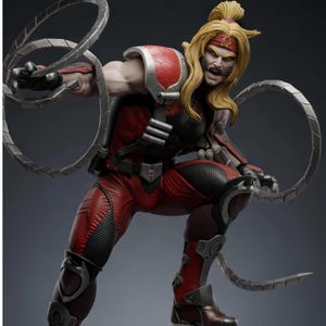 Pode incluir: Uma estatueta colecionável detalhada de um personagem loiro com uma faixa vermelha, vestindo uma armadura vermelha e preta com detalhes prateados. O personagem está em uma pose dinâmica, empunhando apêndices metálicos segmentados tipo chicote.