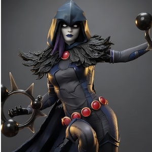 May include: A collectible figurine of a character with pale skin, white eyes, and dark blue lipstick, wearing a dark blue hooded cloak, a black feathered collar, and a dark blue bodysuit with a belt featuring five circular red gems.