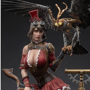 May include: A detailed figurine of a person wearing a red top hat with goggles, a brown corset, and a red dress with white ruffles. A mechanical bird with glowing yellow eyes and gold accents perches on their arm. A bow and a brass instrument are visible.
