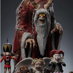 May include: A large, menacing figure in a red, fur-trimmed coat with glowing yellow eyes and a long white beard, draped in chains. Below are three smaller figures: a red nutcracker, a winged doll with a wide-eyed expression, and a jester.
