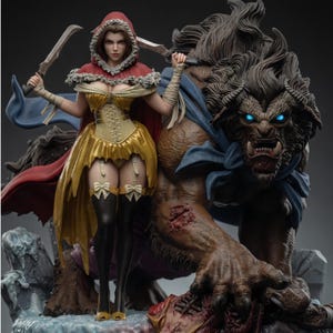 Peut inclure: Une figurine détaillée représentant un personnage en cape rouge à capuche et robe jaune tenant deux lames courbes, debout à côté d'une grande bête musclée au pelage brun, aux yeux bleu vif et portant un foulard bleu, sur un socle texturé.