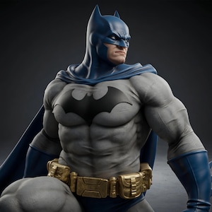 May include: A detailed Batman figurine featuring a blue cowl and cape, a grey muscular torso with a black bat emblem on the chest, and a gold utility belt with multiple pouches. The character is depicted in a stoic pose with a focused expression.