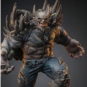 May include: A muscular, grey-skinned humanoid figure with sharp, horn-like protrusions on its shoulders and back. The creature has a pale, horned face with glowing red eyes, sharp teeth, and wears tattered blue pants with exposed grey skin.