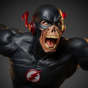 May include: A detailed figurine of a character with a skull-like face, wearing a black suit with a red lightning bolt emblem on the chest. The figure has red ear-piece accents, white eyes, and an open mouth revealing teeth, captured in a dynamic pose.