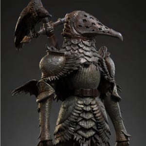 May include: A suit of dark metallic armor featuring a bird-like helmet with star-shaped cutouts, intricate swirling engravings on the shoulder and arm plates, layered feather-like plating on the torso, and a raven perched on a staff.
