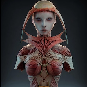 May include: A detailed bust sculpture of a pale, humanoid figure with exposed red muscle tissue and intricate skin textures. The figure features a unique headpiece connected by thin rods, pale blue eyes, and decorative metallic accents on the chest.