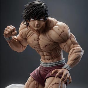 以下が含まれることがあります： 暗い乱れた髪と白い目を持つ筋肉質なキャラクターの非常に詳細なフィギュア。胸と腕に目に見える傷がある引き締まった体格で、マルーン色のショートパンツと灰色のリストラップを着用し、ダイナミックな戦闘ポーズをとっている。