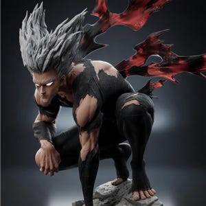May include: A detailed figurine of a character with spiky silver hair and glowing white eyes, crouching in a dynamic pose. The figure wears a tattered black outfit and features large, translucent red wing-like structures extending from the back.