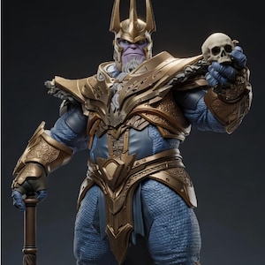 May include: A purple-skinned figure wearing a gold crown and ornate gold armor over a textured blue bodysuit. The figure holds a small human skull in one hand and grips a dark brown staff with the other, featuring intricate metallic detailing.