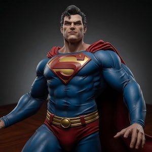 Könnte beinhalten: Eine detaillierte Superman-Figur mit muskulösem Körperbau, bekleidet mit einem blauen Anzug, einem rot-goldenen S-Emblem auf der Brust, einem roten Umhang und einem goldenen Gürtel über einer roten Hose. Die Figur hat dunkles Haar und einen ernsten Blick.