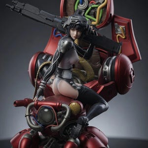 May include: A detailed figurine of a character with short black hair wearing a black and white bodysuit and helmet, holding a large black rifle. The character is positioned on a red mechanical vehicle with exposed wires and metallic components.