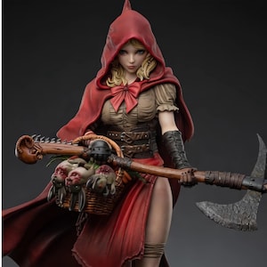 May include: A detailed figurine of a blonde character wearing a red hooded cloak, a beige blouse, and a brown corset. The figure holds a large wooden basket containing several small, pale, skull-like objects and carries a long-handled battle axe.