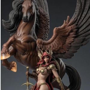 May include: A detailed figurine featuring a winged brown horse with dark flowing hair and a warrior figure with red hair, wearing gold armour and a winged helmet, holding a sword. The horse has glowing amber-coloured hooves and large wings.