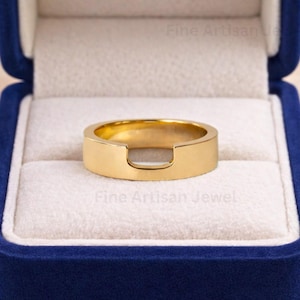 Anneau de cigare découpé en or massif 14 carats de 5 mm de large, alliance nuptiale minimaliste empilable en forme de U pour un usage quotidien, cadeau d'anniversaire