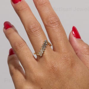 Baguette Moissanite Diamond Ring, Geometric 14k Gold Baguette Engagement Ring, Minimalist Stacking Baguette Wedding Band, Zig Zag Bar Ring