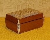 Vintage Wooden Trinket Box w Shell Inlay, Red Cloth Inside 1970 39 s, 4 quot L, Hinged
