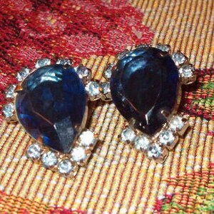 Clip on Earrings, Sapphire Blue Huge Stones, Small Light Blue Rhinestone Surrounds, Silvered Metal Backs and Clips, 1950's, 1 3/8"L, Jewelry