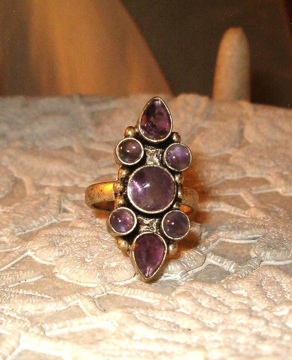Statement Ring, Smooth Amethyst Stones, Silvered … - image 1