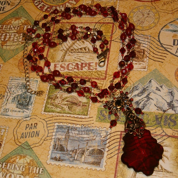 Beaded Necklace, Gorgeous Ruby Necklace, Large Stone, Glass Beads, Deep Ruby Red, 18"L + 2 1/2"Stone + 3"Latch Chain.