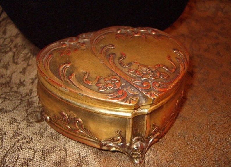 Bronze Jewelry Case, Jewelry Storage, Extremely Heavy, Thick Ornate Metal, Green Felt Lining, Footed, 3 3/4 
