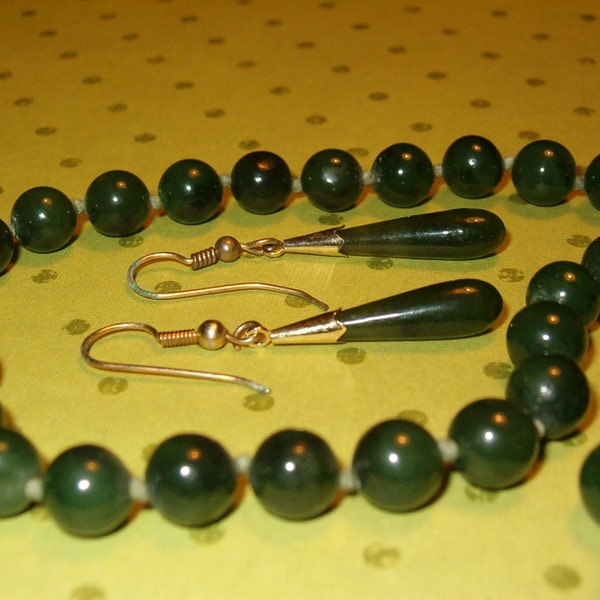 Dark Green Jade Necklace & Earrings Set, 16"L Necklace, Metal Needs Upgrading